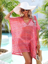 Hot pink Azalyra openwork V-neck cover-up front view poolside styled with straw hat 