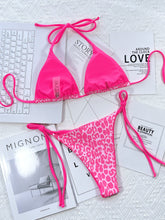 Hot pink leopard print halter neck tie side bikini set back flat lay view