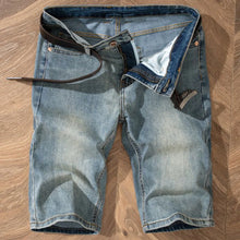 Men's iceburg blue vintage wash stretch denim bermuda shorts front view.