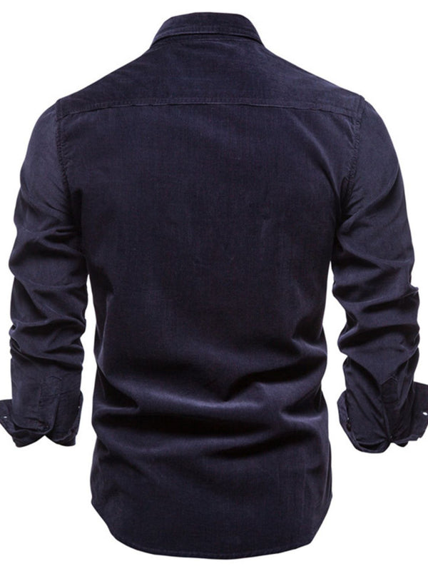 Back view of indigo Ebb & Flow Solstice Button-Down Shirt showing yoke and clean back design.