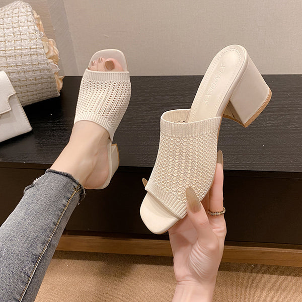 Models wearing ivory Block Heel Knit Sandals