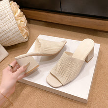 Models wearing ivory Block Heel Knit Sandals, top view on show box