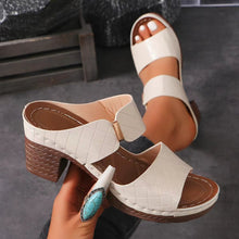 Ivory PU Leather Block Heel Sandals styled on model