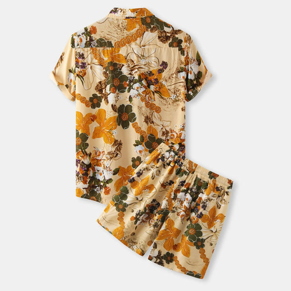 Back flat lay of Javrenza Floral Edition Shorts Set showing back details of shirt and shorts in warm orange floral tones.