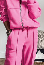 Kalorène Zip Up Long Sleeve Top and Pants Set in fuchsia pink, close up of zipper and drawstring waist
