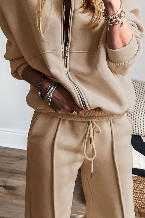 Kalorène Zip Up Long Sleeve Top and Pants Set in tan, close up
