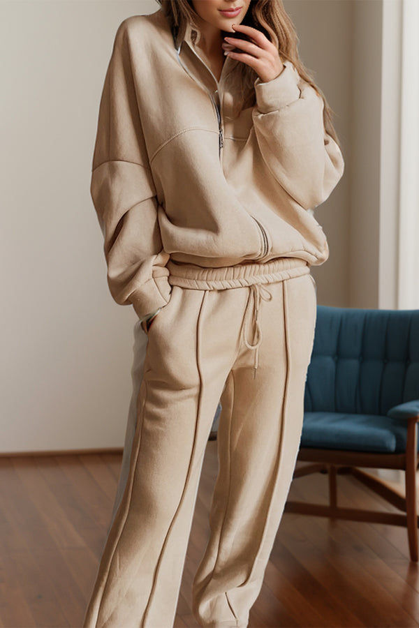 Kalorène Zip Up Long Sleeve Top and Pants Set in tan, front view