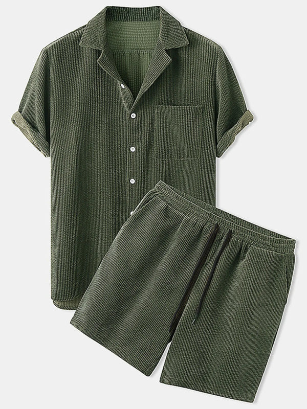 Army green Kavren TextureFlex Duo men’s set — front flat lay featuring notched collar top, chest pocket, textured fabric, elastic waist shorts with drawstring