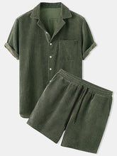 Army green Kavren TextureFlex Duo men’s set — front flat lay featuring notched collar top, chest pocket, textured fabric, elastic waist shorts with drawstring