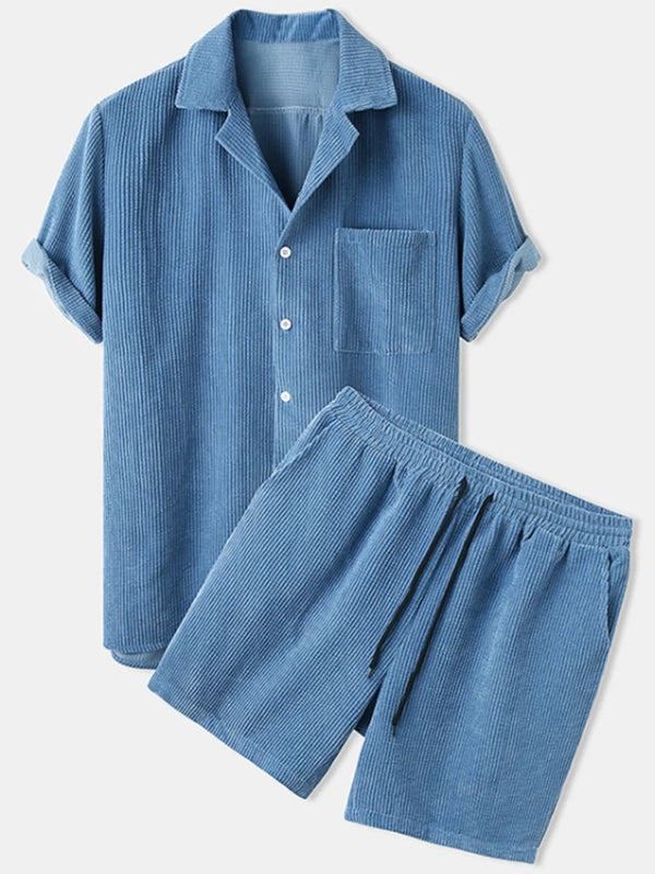 Blue Kavren TextureFlex Duo men’s set — front flat lay featuring notched collar top, chest pocket, textured fabric, elastic waist shorts with drawstring