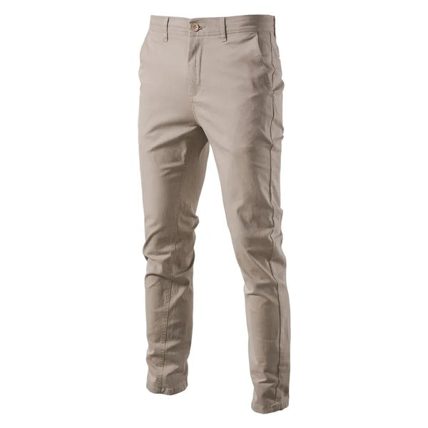 Khaki Aiopeson Slim Fit Chino Pants front view showing mid-rise waist and modern slim fit design