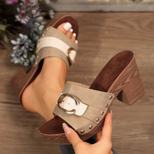 Model wearing khaki Buckle Trim Block Heel Sandals showcasing buckle detail