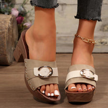 Model wearing khaki Buckle Trim Block Heel Sandals