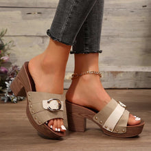 Model wearing khaki Buckle Trim Block Heel Sandals, side angle