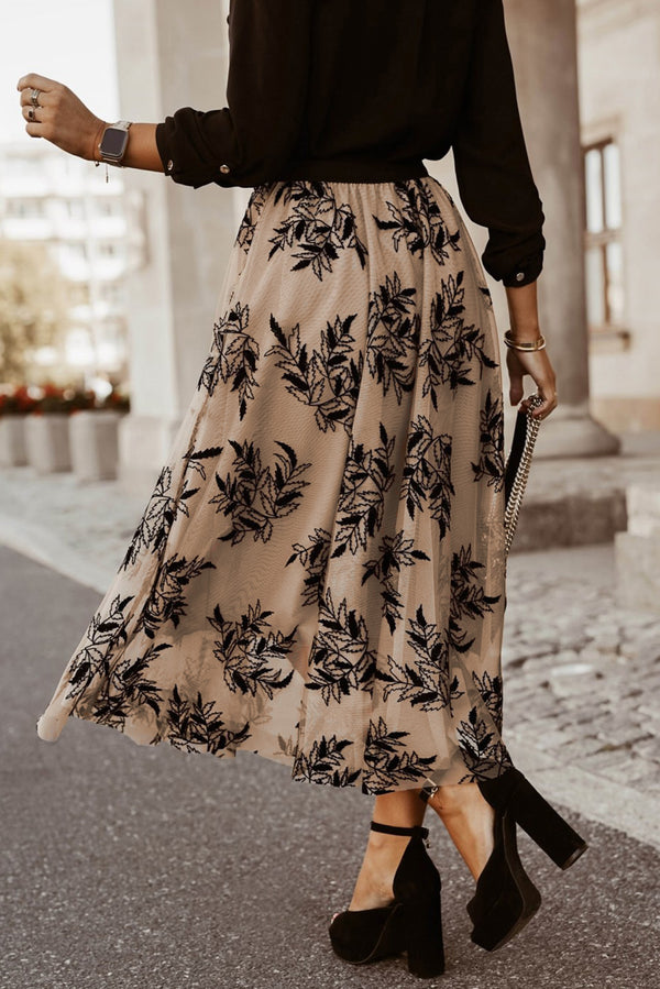 Back view of Khaki Elverra Bloomline Maxi Skirt featuring high waist and embroidery