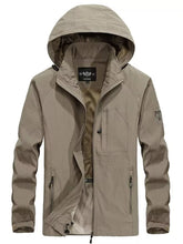 khaki men’s zip hooded windbreaker jacket front view