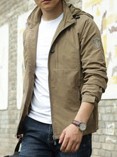 khaki men’s zip hooded windbreaker jacket model front view