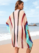 Back view of khaki openwork color block plunge cover-up showcasing airy open knit design and relaxed fit
