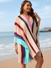Side view of khaki openwork color block plunge cover-up highlighting lightweight openwork knit and flattering silhouette
