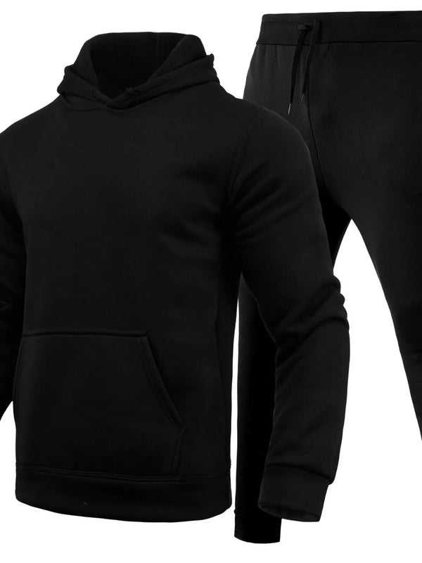 Men's black Korven ModeSet hoodie and pants set front view on invisible mannequin.