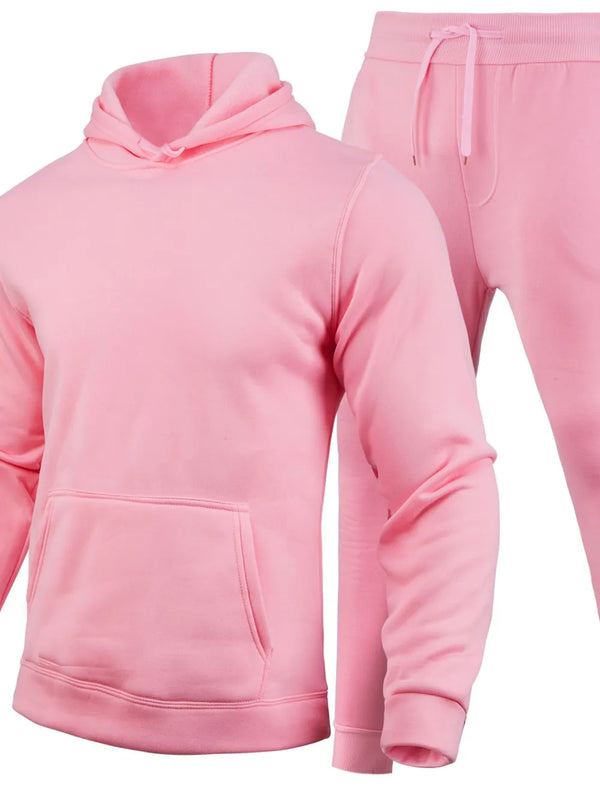 Men's dusty pink Korven ModeSet hoodie and pants set front view on invisible mannequin.