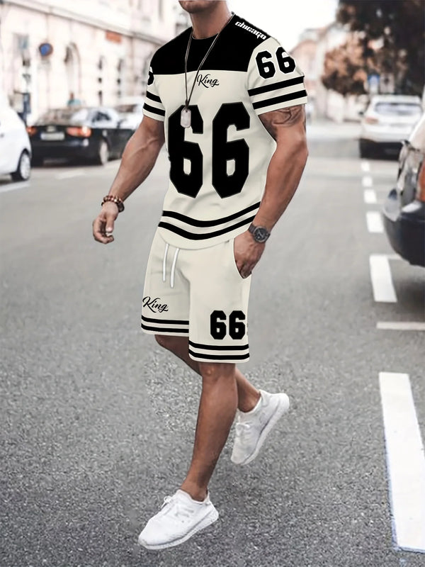 Man walking across urban street wearing pastel cream “Kyngro 66 Legacy Set” with hand in pocket