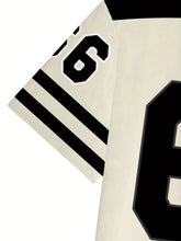 Detailed close-up of 66 number print on short sleeve with black stripe trim