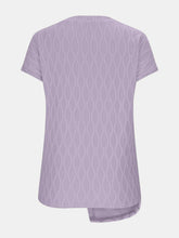 A close up back photo of the lavender Ruched Wavy Pattern Round Neck Short Sleeve T-Shirt.