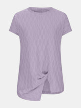 A close up front photo of the Lavender Full Size Ruched Wavy Textured Round Neck Short Sleeve T-Shirt.