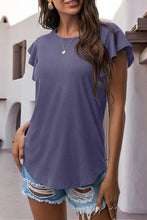 Lavender ruffled round neck cap sleeve blouse front view