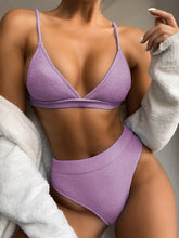 Close-up front view of lavender spaghetti strap ribbed bikini set with adjustable straps and ribbed texture detail