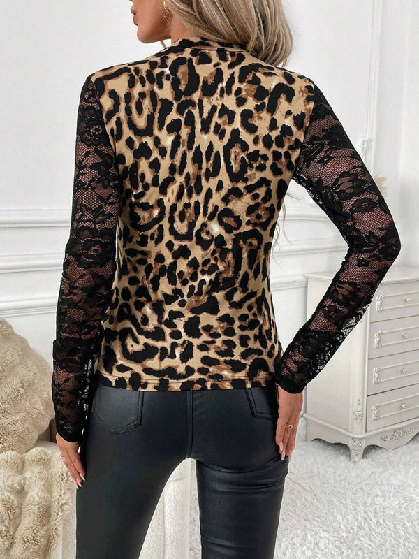 Back view of the Lace Patchwork Mock Neck Long Sleeve Top, showcasing the delicate lace panel and flattering fit in classic leopard.