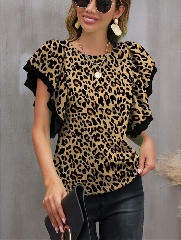 olive leopard print round neck blouse front view