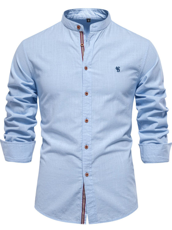 Front view of men’s light blue Aura Lift Zenith mandarin collar button-up shirt with foldable sleeves