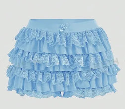 Light Blue Lacéra Bloom Women’s Ruffle Lace Bow Shorts with layered ruffles and decorative bow, front view