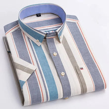 Folded front view of men’s light Egyptian teal Prestige Stripe Plaid Oxford short sleeve button-down shirt