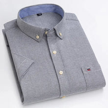 Folded front view of men’s light gray Prestige Stripe Plaid Oxford short sleeve button-down shirt
