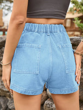 Back image of classic light blue high-waist denim shorts with standard pocket design.