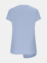 A close up back photo of the light blue Ruched Wavy Pattern Round Neck Short Sleeve T-Shirt.