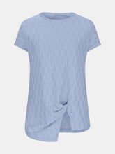 A close up front photo of the Light Blue Full Size Ruched Wavy Textured Round Neck Short Sleeve T-Shirt.