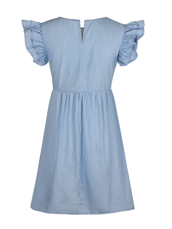  Back view of light blue Sylvenza Denim Dress featuring clean silhouette and cap sleeve detail.