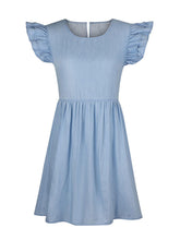 Front view of light blue Sylvenza Denim Dress showcasing ruffled neckline and cap sleeves.