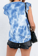 Back view of the Ruffled Printed T-Shirt showing cap sleeve detail and rounded neckline in light blue.