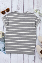 Back flat lay view of the light gray striped knit round neck short sleeve top, showing clean, classic design with short sleeves and fitted knit trim.