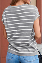 Back view of light gray striped knit round neck short sleeve top, showing clean, classic design with short sleeves and fitted knit trim.