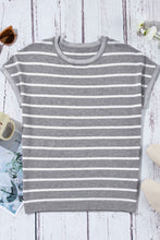 Front angle of light gray striped knit short sleeve top, displaying lightweight knit fabric and flattering sleeve length.