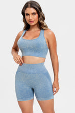Close-up of washed texture fabric and square‑neck stitching in light blue LineaFlow set.