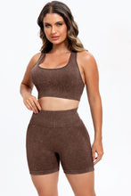 Close-up of washed texture fabric and square‑neck stitching in dark brown LineaFlow set.