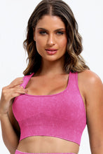 Close-up detail of square-neck crop top in deep rose LineaFlow Vitality set.