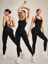 Woman wearing black LuminaCross Apex Jumpsuits stretching from different angles.